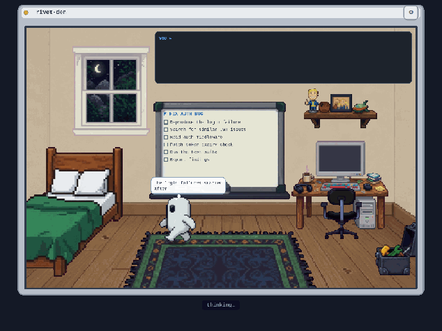 rivet-den: a pixel-art room where a robot agent writes its plan on a whiteboard, codes at a desk terminal, and naps during context compaction